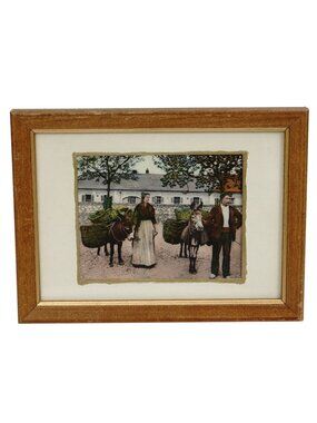Vintage Print Wood Framed Couple w/ Donkeys Postcard Art Wall Decor 5.75"x 7.75"